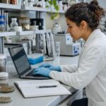 Mahasiswa mencatat eksperimen laboratorium melalui laptop dengan sampel dan alat ukur yang tertata