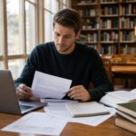 Mahasiswa memeriksa beberapa sumber akademik di meja perpustakaan dengan laptop, buku, dan catatan checklist