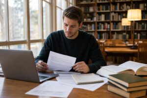 Mahasiswa memeriksa beberapa sumber akademik di meja perpustakaan dengan laptop, buku, dan catatan checklist