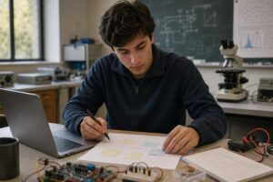 Mahasiswa menyusun pertanyaan riset dan hipotesis di meja kerja dengan laptop serta perlengkapan sains