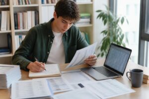 Mahasiswa menata lembar survei dan dokumentasi variabel penelitian di samping laptop dengan kolom data