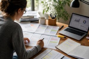 Mahasiswa menata catatan dan sumber penelitian dalam matriks literatur di meja belajar