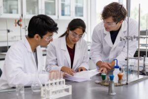Mahasiswa meninjau prosedur tertulis dan informasi keselamatan sebelum memulai eksperimen di laboratorium