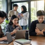 Mahasiswa menggunakan laptop dalam kegiatan belajar dan organisasi online sambil memperhatikan perlindungan data pribadi