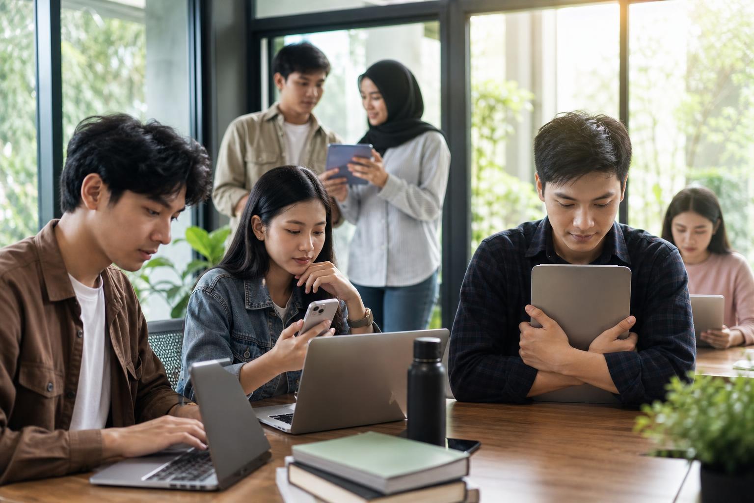 Mahasiswa menggunakan laptop dalam kegiatan belajar dan organisasi online sambil memperhatikan perlindungan data pribadi