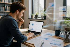 Mahasiswa meninjau beberapa hasil analisis statistik di laptop dan lembar grafik untuk menguji ketahanan penelitian
