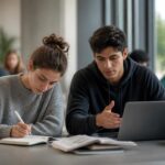 Mahasiswa belajar bersama, dengan satu mahasiswa menulis catatan dan mahasiswa lain menggunakan AI sebagai pendamping latihan.