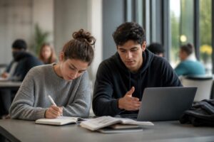 Mahasiswa belajar bersama, dengan satu mahasiswa menulis catatan dan mahasiswa lain menggunakan AI sebagai pendamping latihan.