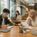 Mahasiswa merencanakan dan mengevaluasi proses belajar bersama di ruang perpustakaan kampus