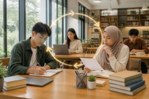 Mahasiswa merencanakan dan mengevaluasi proses belajar bersama di ruang perpustakaan kampus