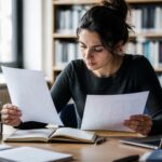 Mahasiswa meninjau laporan penelitian dan checklist pelaporan di meja belajar dengan latar perpustakaan akademik
