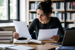 Mahasiswa meninjau laporan penelitian dan checklist pelaporan di meja belajar dengan latar perpustakaan akademik