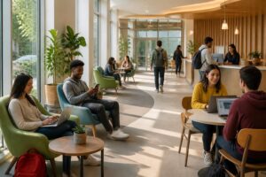 Mahasiswa menggunakan laptop dan ponsel di ruang kampus dengan suasana layanan akademik yang terhubung