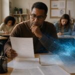 Guru matematika menelaah pekerjaan siswa dengan bantuan visualisasi data AI di ruang kelas