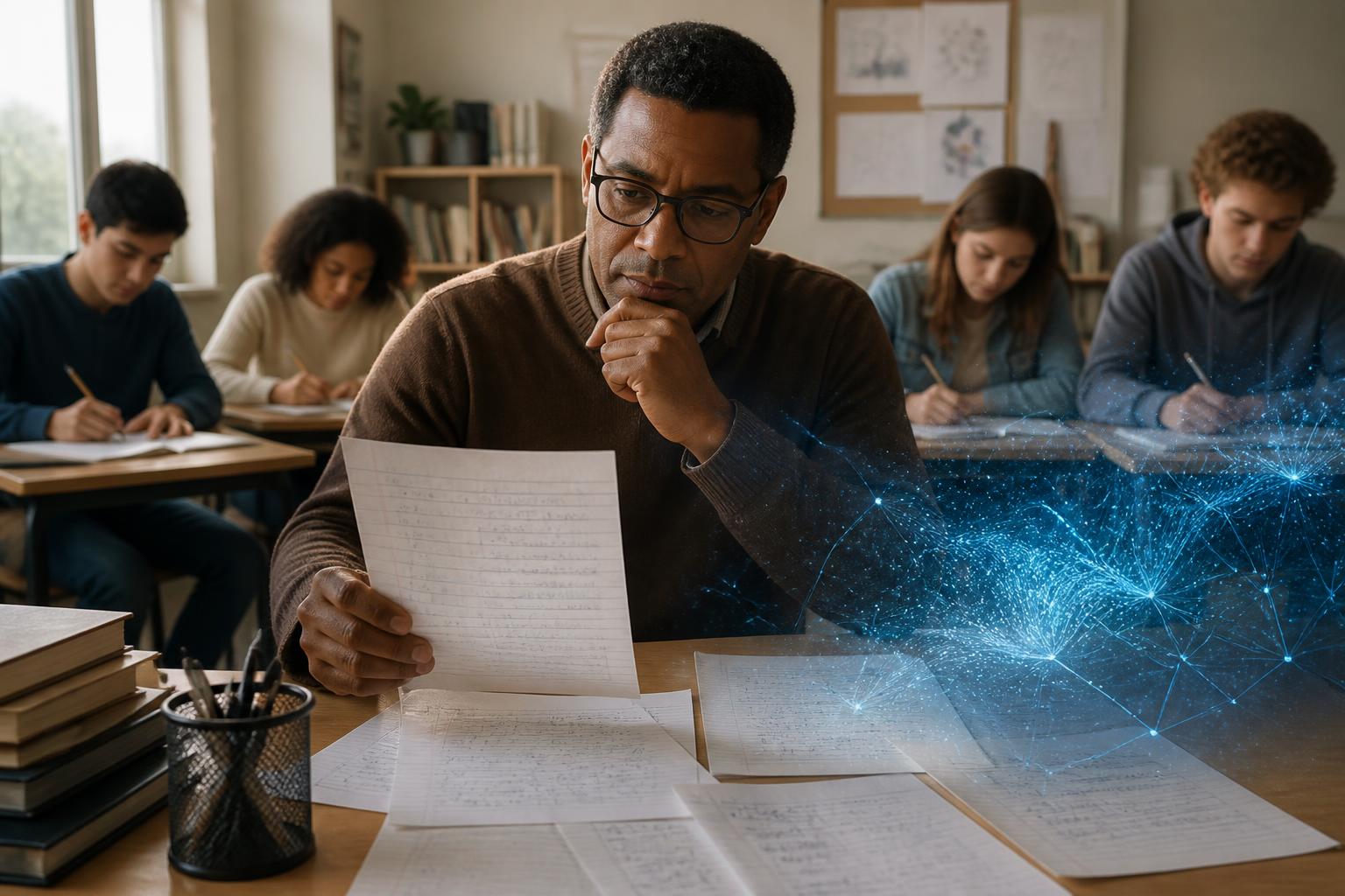Guru matematika menelaah pekerjaan siswa dengan bantuan visualisasi data AI di ruang kelas