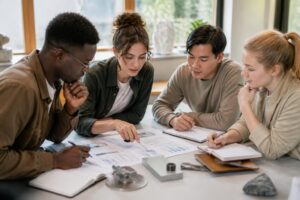 Mahasiswa meninjau checklist metodologi dan data penelitian bersama di meja belajar