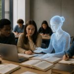 Mahasiswa belajar di ruang kelas dengan simbol abstrak tutor AI di dekat buku dan laptop