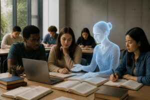 Mahasiswa belajar di ruang kelas dengan simbol abstrak tutor AI di dekat buku dan laptop