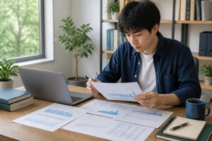 Mahasiswa meninjau tabel dan beberapa bentuk grafik penelitian di meja kerja akademik